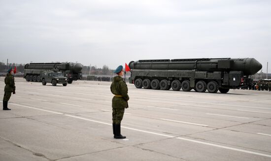 Joint Victory Day drills of combined parade unit, mechanized column and lineup of aircraft