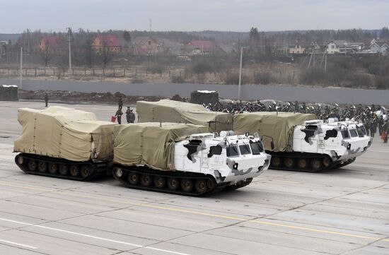 Joint Victory Day drills of combined parade unit, mechanized column and lineup of aircraft