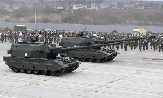 Joint Victory Day drills of combined parade unit, mechanized column and lineup of aircraft