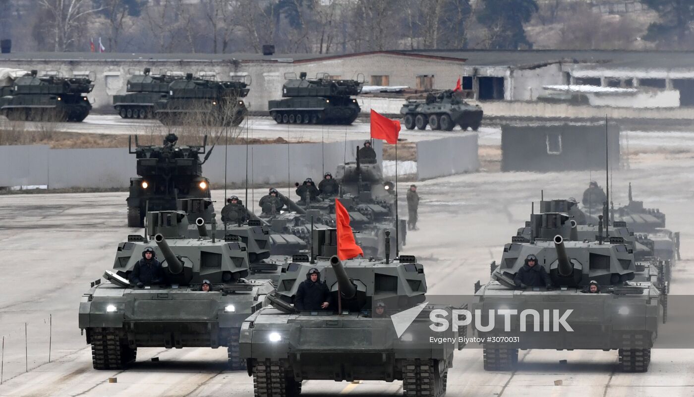 Joint Victory Day drills of combined parade unit, mechanized column and lineup of aircraft