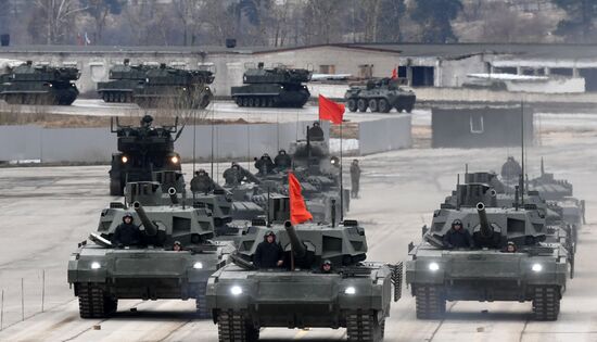 Joint Victory Day drills of combined parade unit, mechanized column and lineup of aircraft