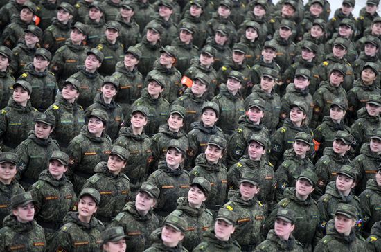 Joint Victory Day drills of combined parade unit, mechanized column and lineup of aircraft