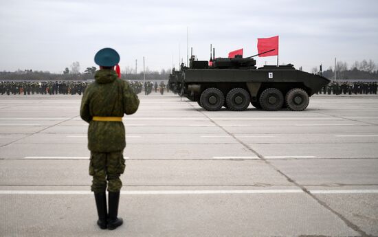Joint Victory Day drills of combined parade unit, mechanized column and lineup of aircraft