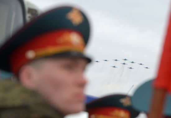 Joint Victory Day drills of combined parade unit, mechanized column and lineup of aircraft