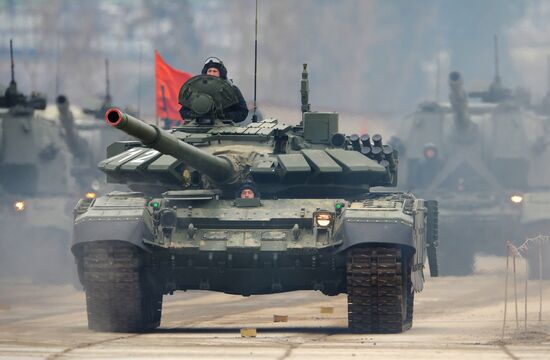 Joint Victory Day drills of combined parade unit, mechanized column and lineup of aircraft