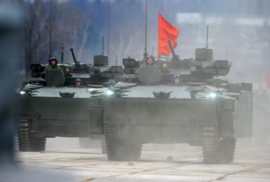 Joint Victory Day drills of combined parade unit, mechanized column and lineup of aircraft