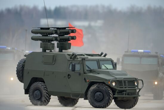 Joint Victory Day drills of combined parade unit, mechanized column and lineup of aircraft