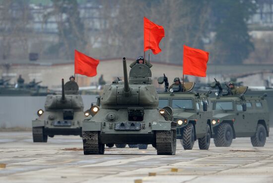 Joint Victory Day drills of combined parade unit, mechanized column and lineup of aircraft