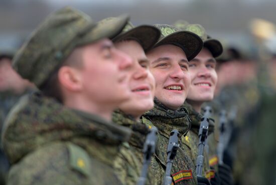 Joint Victory Day drills of combined parade unit, mechanized column and lineup of aircraft