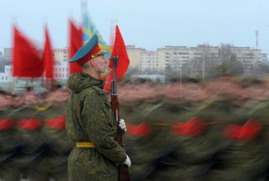 Joint Victory Day drills of combined parade unit, mechanized column and lineup of aircraft