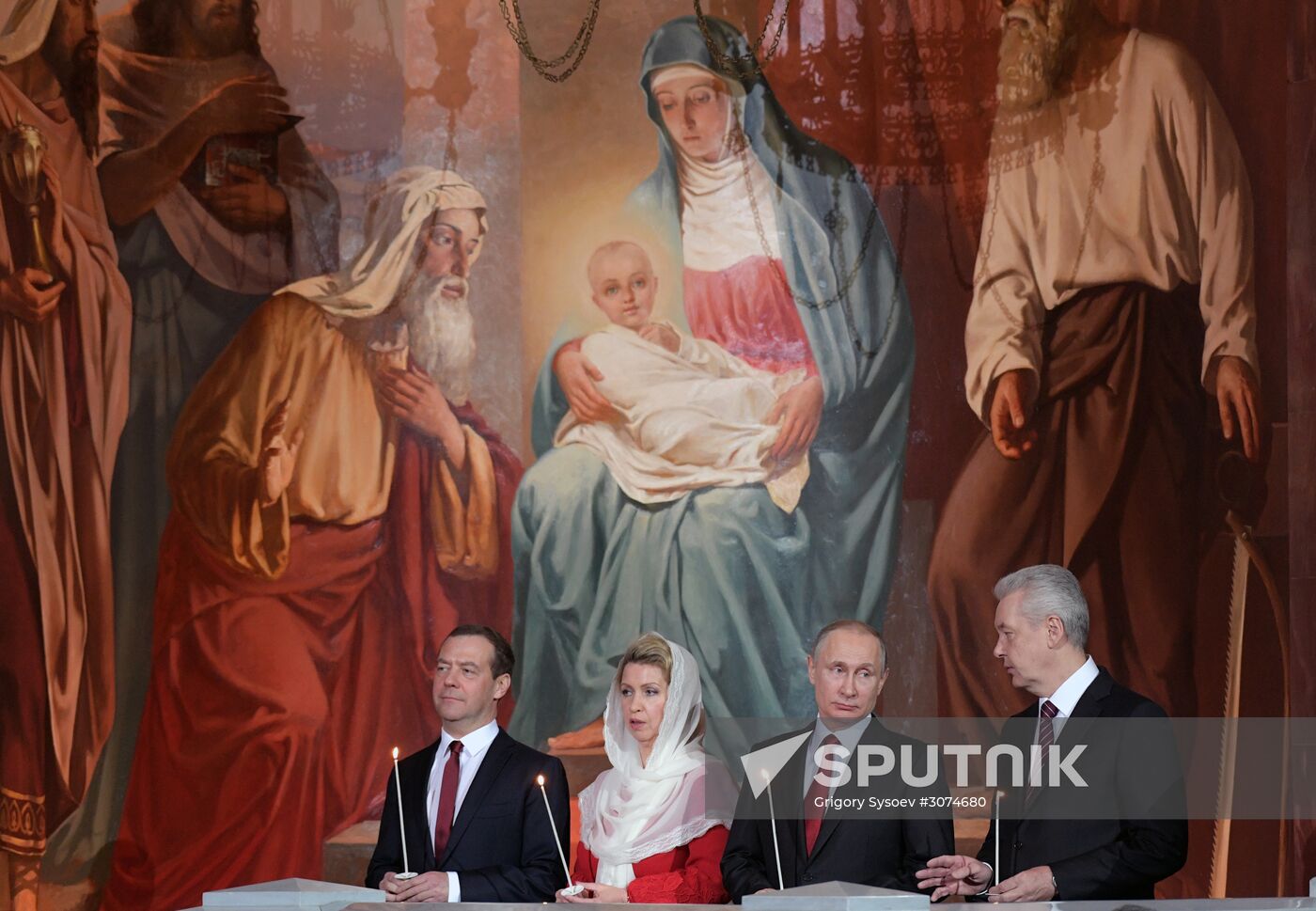 Russian President Vladimir Putin and Russian Prime Minister attend Easter service at Christ the Savior Cathedral