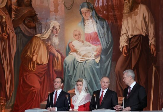 Russian President Vladimir Putin and Russian Prime Minister attend Easter service at Christ the Savior Cathedral