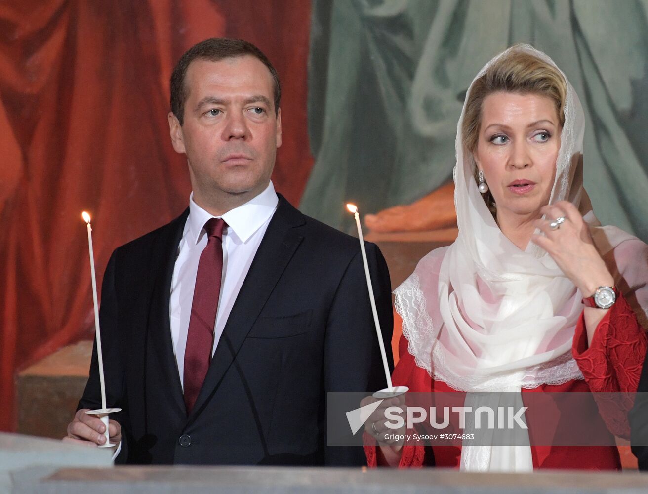 Russian President Vladimir Putin and Russian Prime Minister attend Easter service at Christ the Savior Cathedral