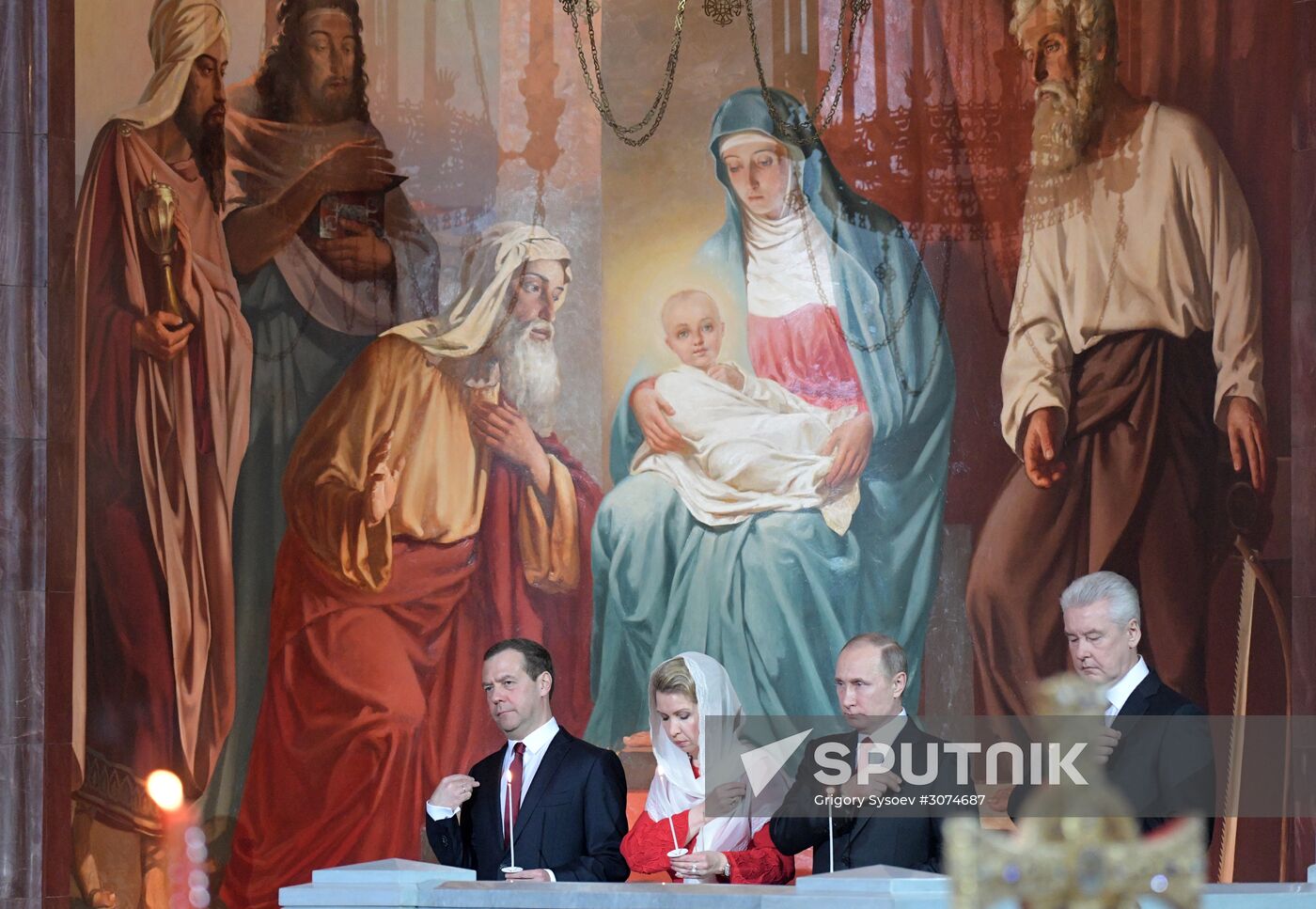Russian President Vladimir Putin and Russian Prime Minister attend Easter service at Christ the Savior Cathedral