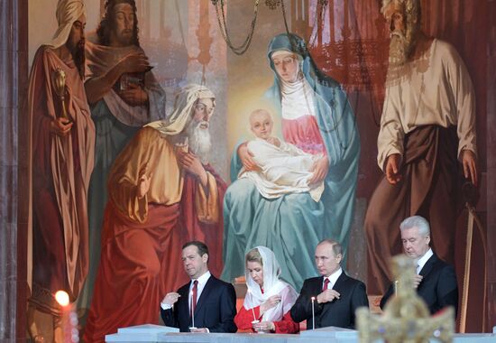 Russian President Vladimir Putin and Russian Prime Minister attend Easter service at Christ the Savior Cathedral