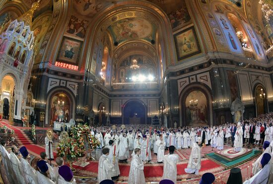 Russian President Vladimir Putin and Russian Prime Minister attend Easter service at Christ the Savior Cathedral