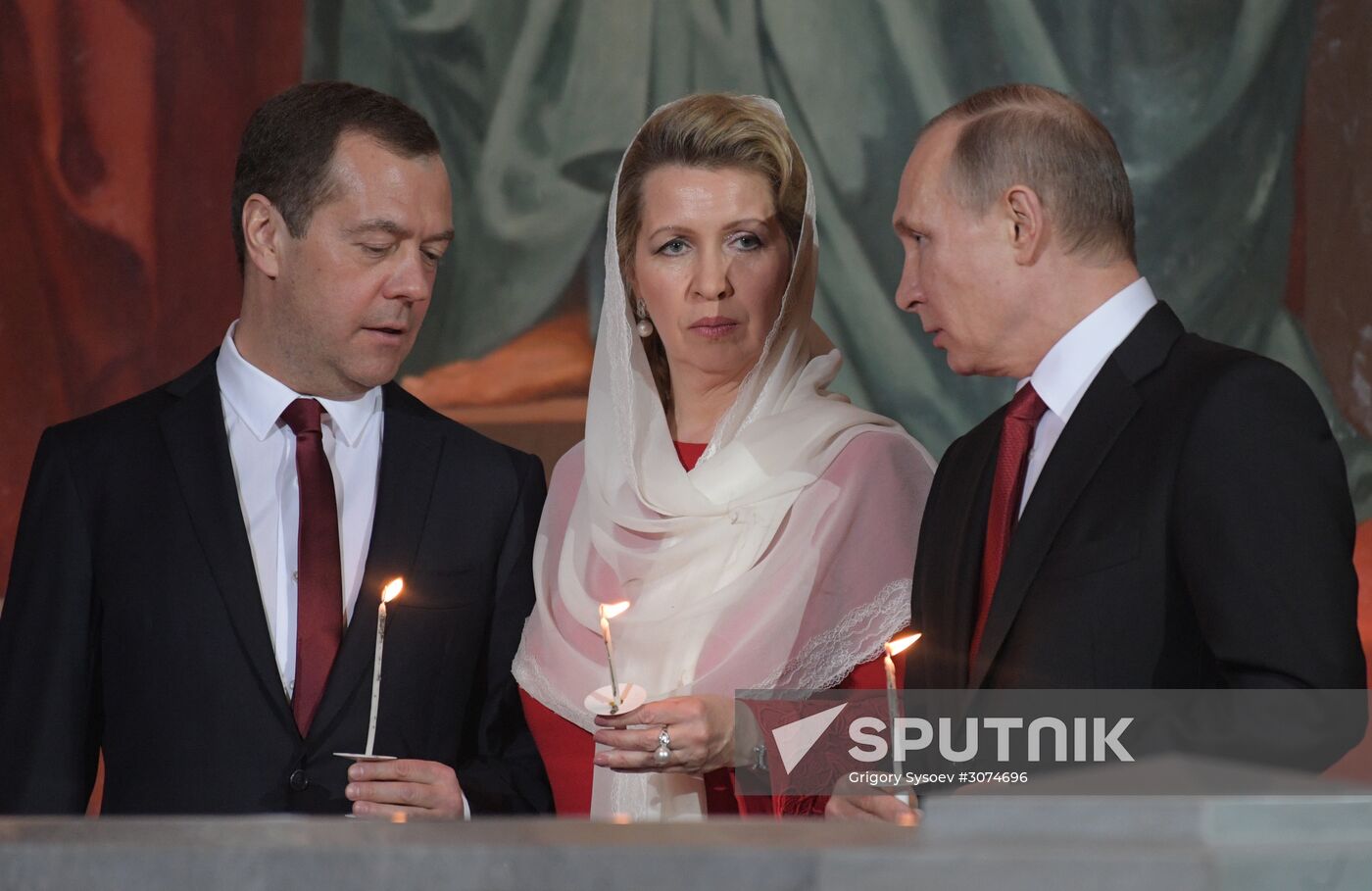 Russian President Vladimir Putin and Russian Prime Minister attend Easter service at Christ the Savior Cathedral