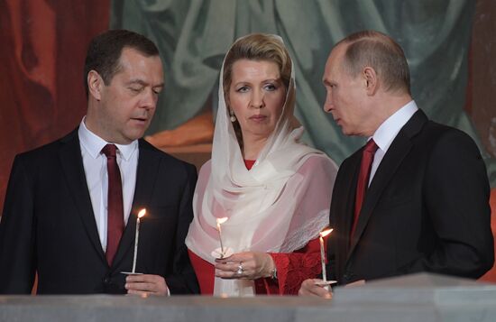 Russian President Vladimir Putin and Russian Prime Minister attend Easter service at Christ the Savior Cathedral