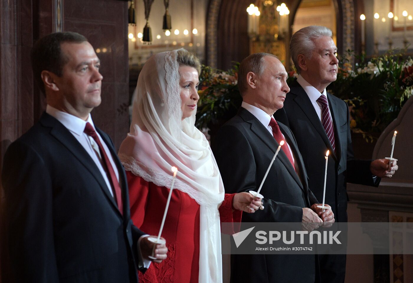 Russian President Vladimir Putin and Russian Prime Minister attend Easter service at Christ the Savior Cathedral