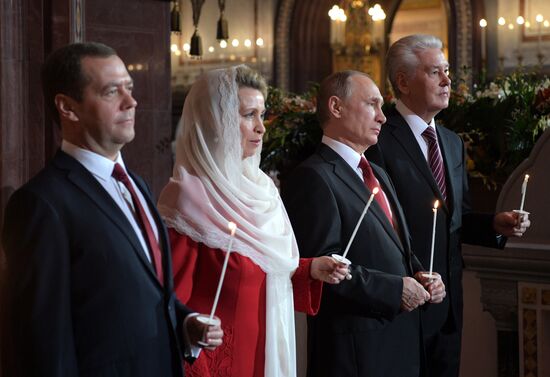 Russian President Vladimir Putin and Russian Prime Minister attend Easter service at Christ the Savior Cathedral