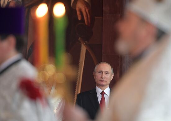 Russian President Vladimir Putin and Russian Prime Minister attend Easter service at Christ the Savior Cathedral