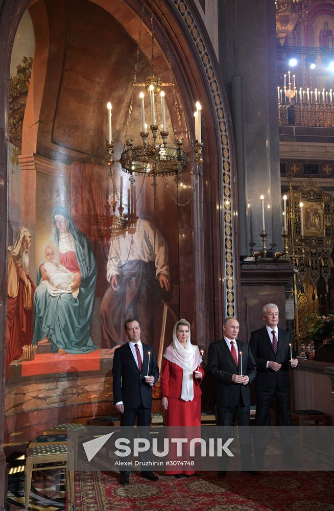 Russian President Vladimir Putin and Russian Prime Minister attend Easter service at Christ the Savior Cathedral