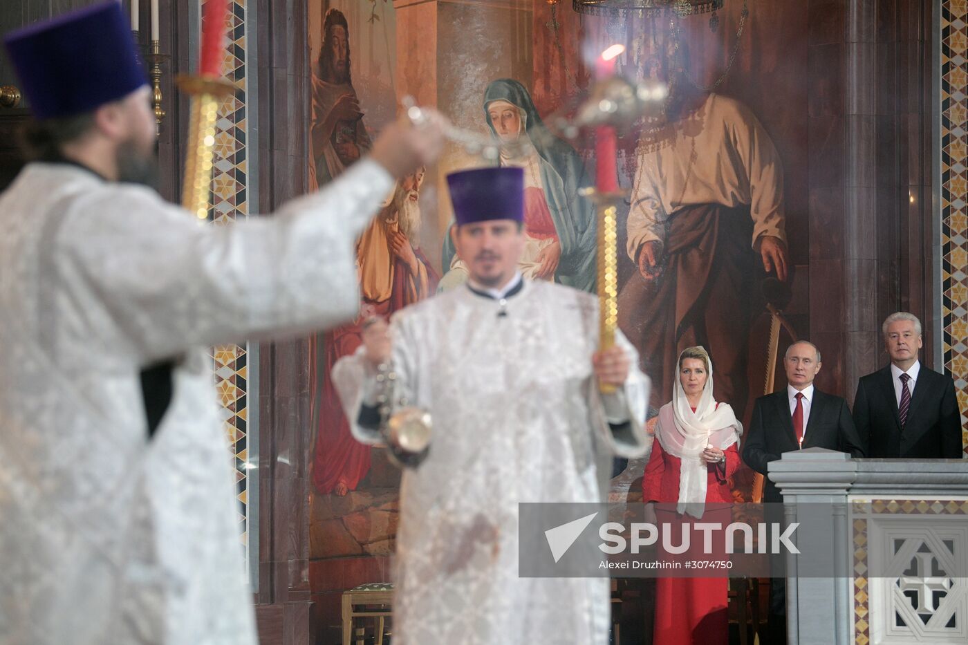 Russian President Vladimir Putin and Russian Prime Minister attend Easter service at Christ the Savior Cathedral