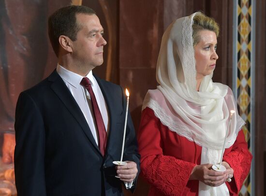 Russian President Vladimir Putin and Russian Prime Minister attend Easter service at Christ the Savior Cathedral