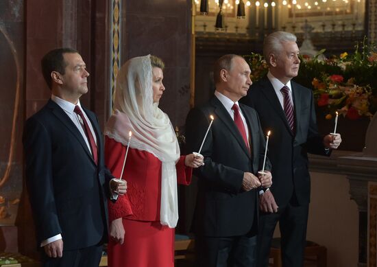 Russian President Vladimir Putin and Russian Prime Minister attend Easter service at Christ the Savior Cathedral