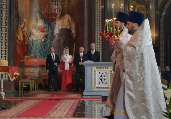 Russian President Vladimir Putin and Russian Prime Minister attend Easter service at Christ the Savior Cathedral
