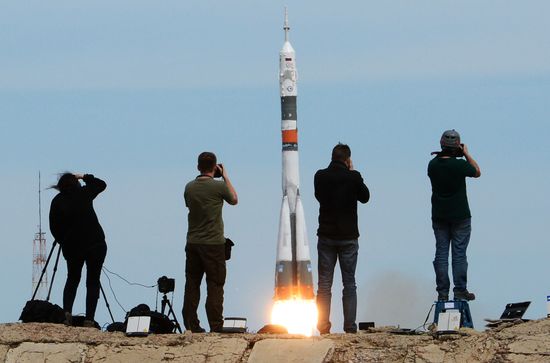 Soyuz-FG carrier rocket with manned spacecraft Soyuz MS-04 launches from Baikonur