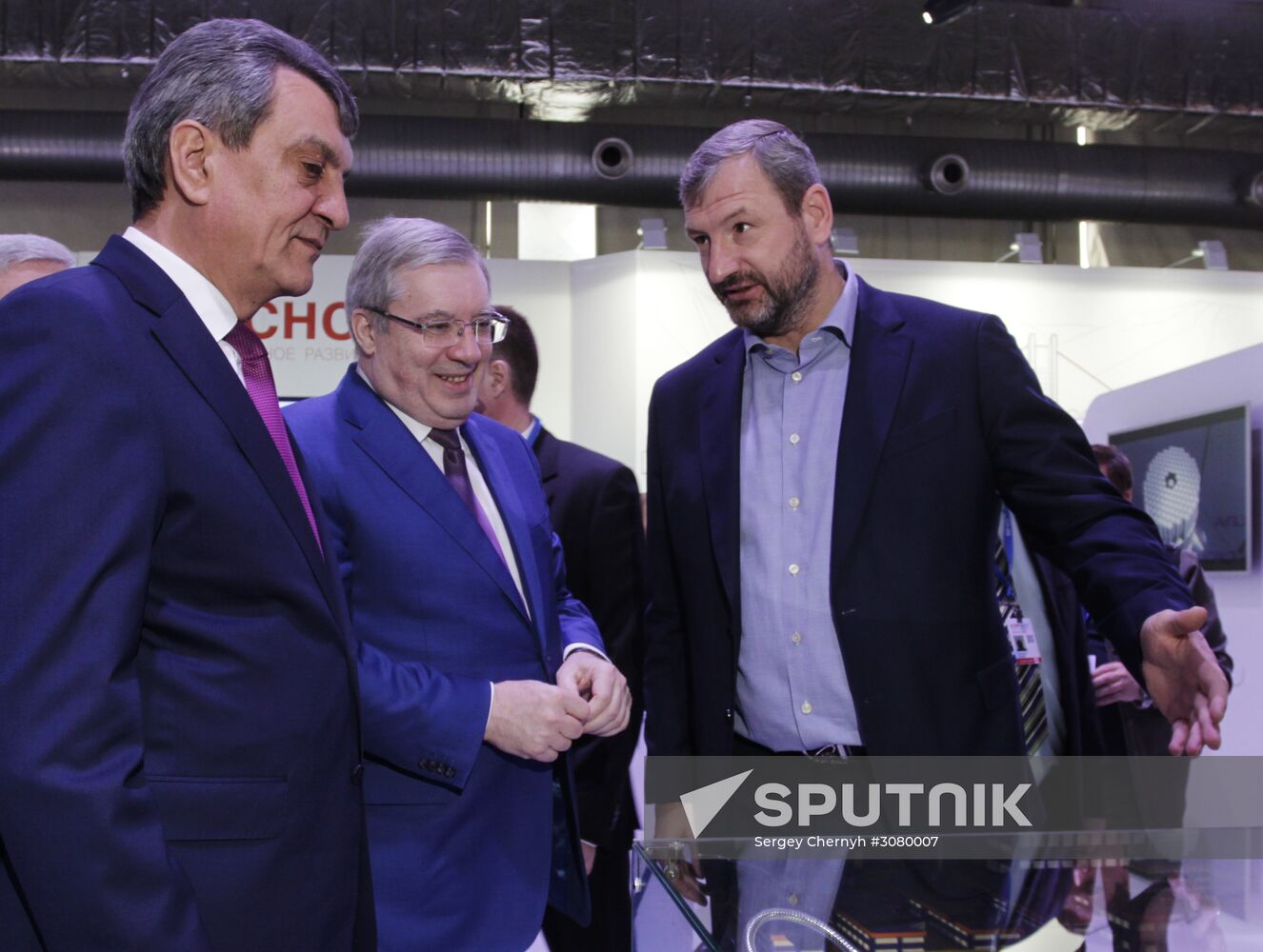 Russian President's Plenipotentiary Envoy to the Siberian Federal District Sergei Menyaylo (left) and Governor of Krasnoyarsk Territory Viktor Tolokonsky (center) at the Krasnoyarsk Economic Forum 2017. Location: Russia, Krasnoyarsk. Author: Sergey Chernyh/Sputnik. Krasnoyarsk Economic Forum. Day two