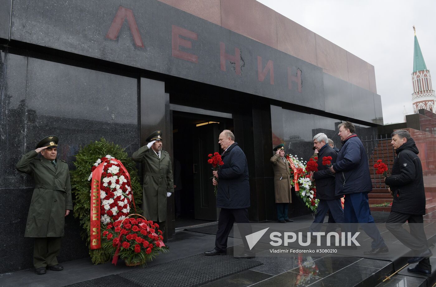 Flower-laying ceremony by Lenin's Mausouleum in Red Square