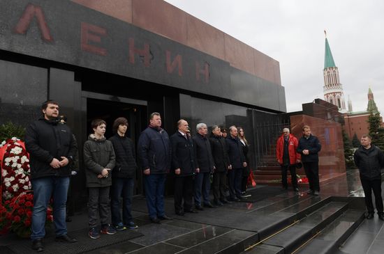 Flower-laying ceremony by Lenin's Mausouleum in Red Square