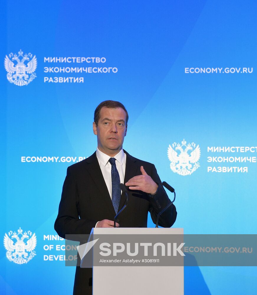 Russian Prime Minister Dmitry Medvedev participates in extended meeting Russian economic development ministry's board