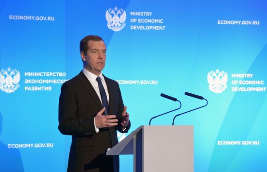 Russian Prime Minister Dmitry Medvedev participates in extended meeting Russian economic development ministry's board