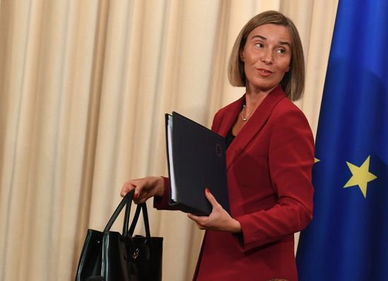 Russia's Foreign Minister Sergei Lavrov meets with European Commission's Vice President Federica Mogherini