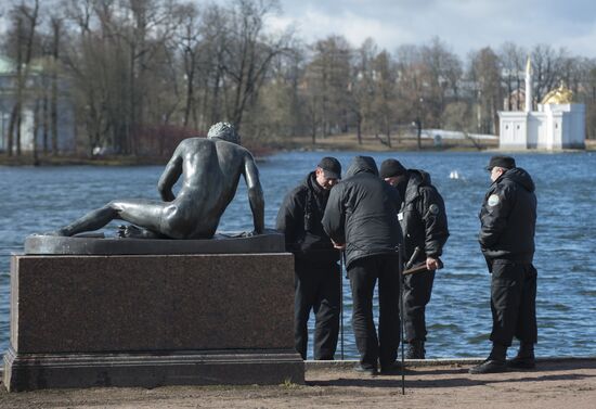 Removing protective elements from statues at Tsarskoye Selo museum-preserve