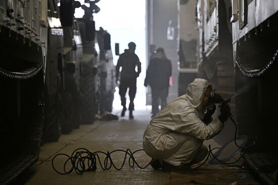 Preparing military equipment for Victory Day parade