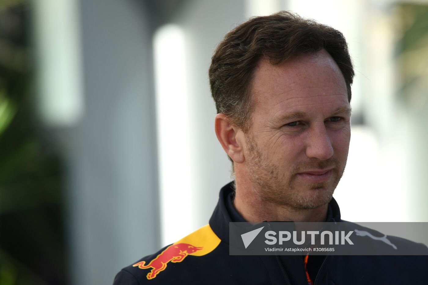 Red Bull Team Principal Christian Horner in pit boxes during the first session of free races at the Russian stage of the Formula One World Championship. Location: Russia, Krasnodar region, Sochi. Author: Vladimir Astapkovich/Sputnik. Car racing. Formula 1 Grand Prix of Russia. Free races. First session