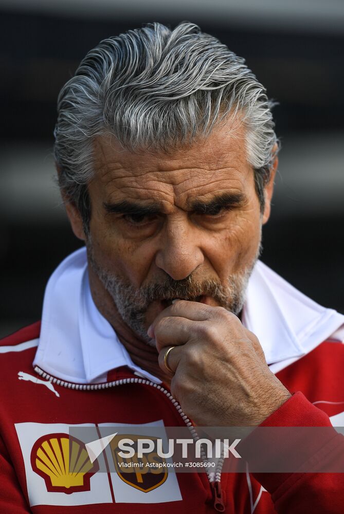 Ferrari team head Maurizio Arrivabene in a pit box during the first session of free races at the Russian stage of the Formula One World Championship. Location: Russia, Krasnodar region, Sochi. Author: Vladimir Astapkovich/Sputnik. Car racing. Formula 1 Grand Prix of Russia. Free races. First session