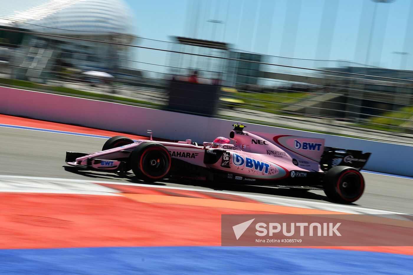 Force India driver Esteban Ocon in the first session of free races at the Russian stage of the Formula One World Championship. Location: Russia, Krasnodar region, Sochi. Author: Nina Zotina/Sputnik. Car racing. Formula 1 Grand Prix of Russia. Free races. First session