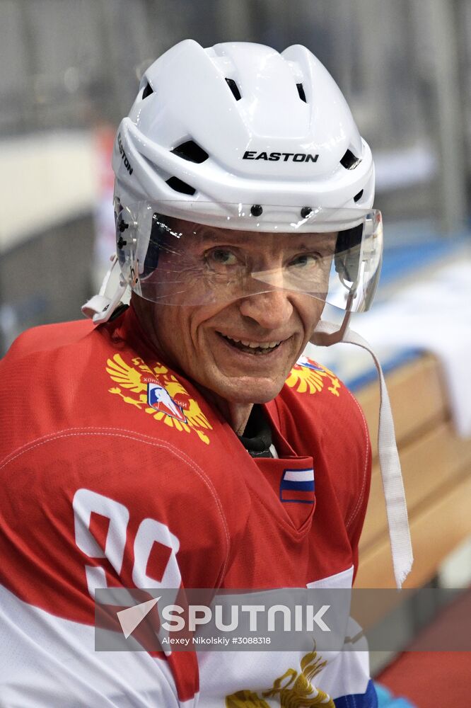 President Vladimir Putin takes part in hockey training session in Sochi