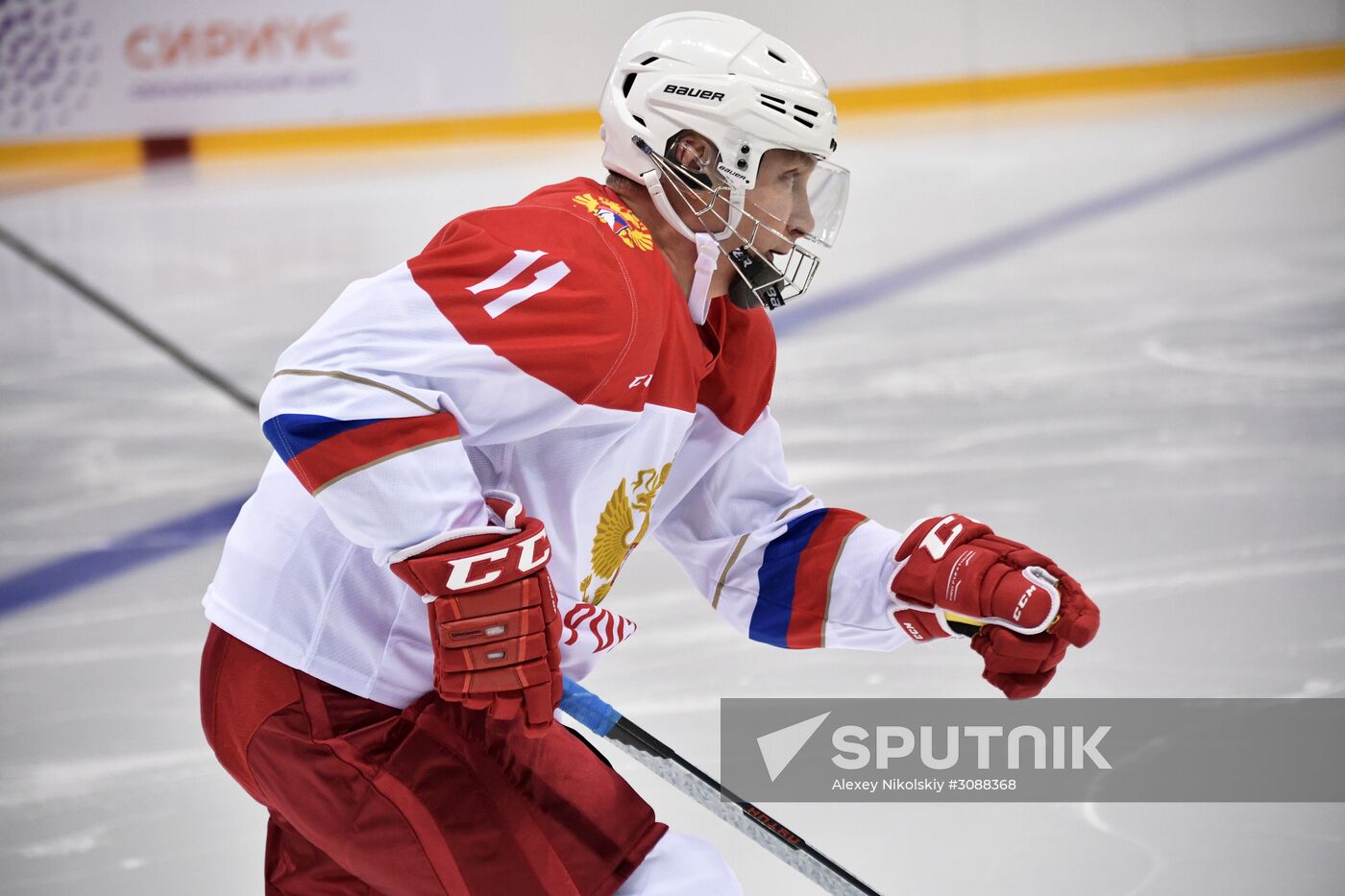 President Vladimir Putin takes part in hockey training session in Sochi