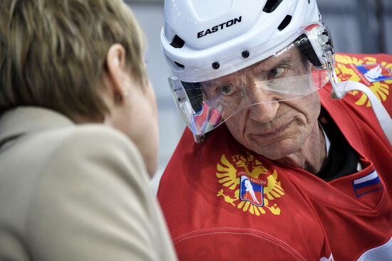President Vladimir Putin takes part in hockey training session in Sochi
