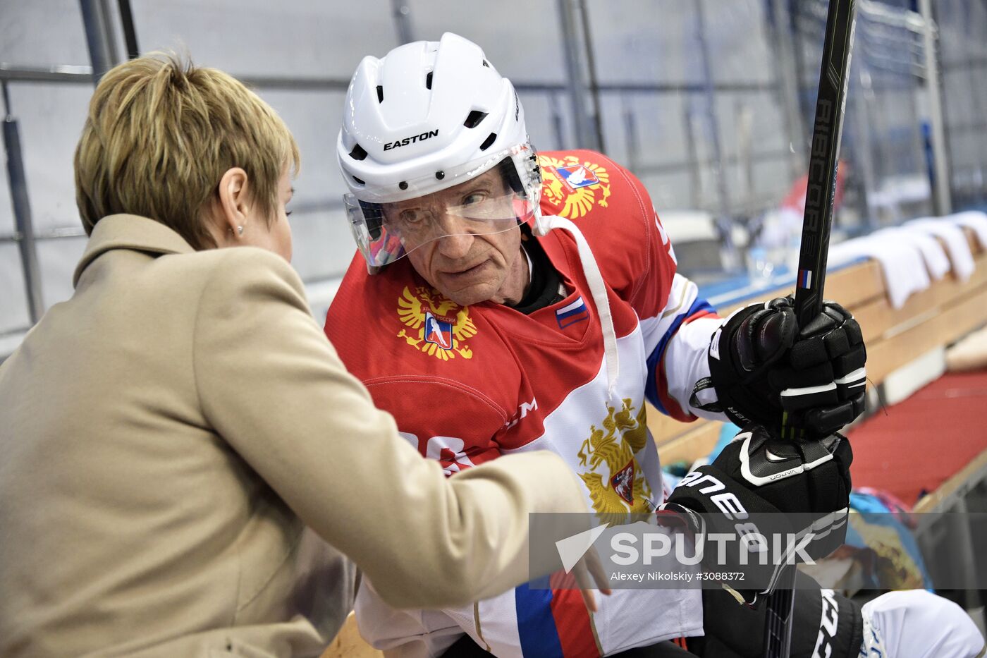 President Vladimir Putin takes part in hockey training session in Sochi