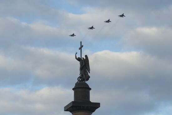 Military aircraft during Victory Day parade rehearsal in St. Petersburg