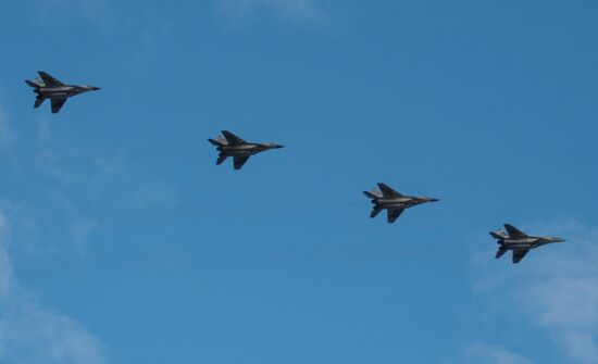 Military aircraft during Victory Day parade rehearsal in St. Petersburg