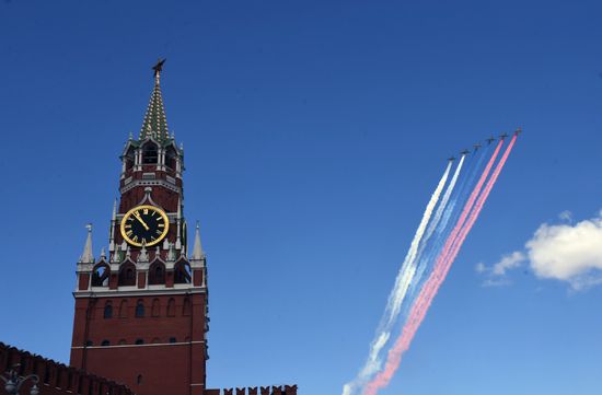 Military aircraft during Victory Day parade rehearsal