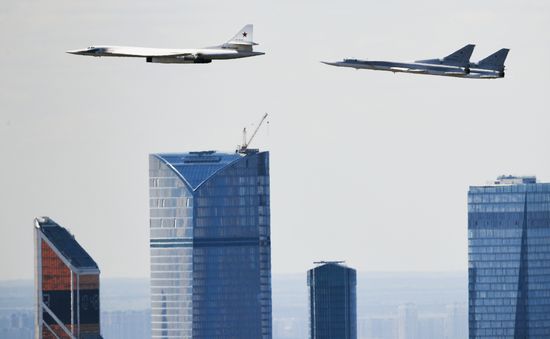 Military aircraft during Victory Day parade rehearsal